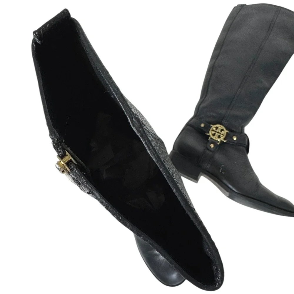 Tory Burch Women's Size 5M Black Leather Riding Boots Gold Logo Buckle Knee High